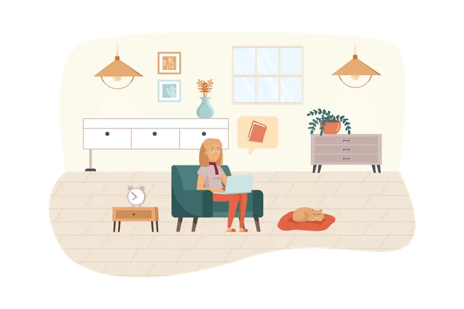 Woman studying using laptop or reads e-book sitting in living room Illustration