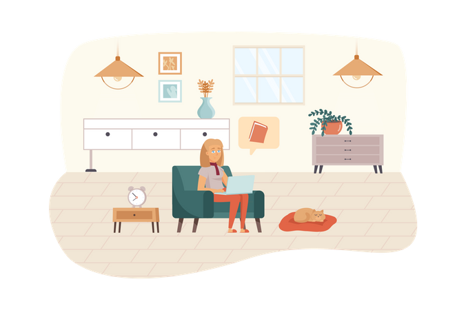 Woman studying using laptop or reads e-book sitting in living room  Illustration