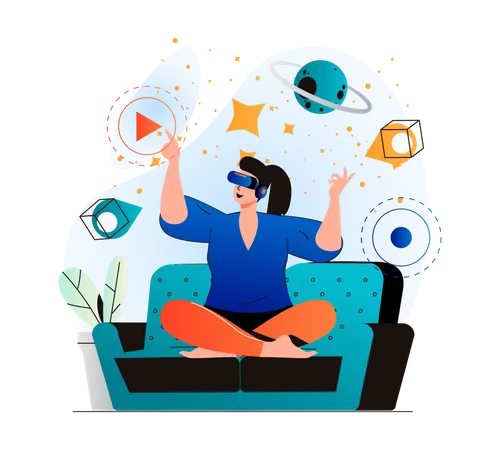 Cyberspace Concept In Modern Flat Design Woman Learning And Touching Elements Of Simulation Using VR Headset Innovation Interactive Education At Home Virtual Augmented Reality Vector Illustration Illustration