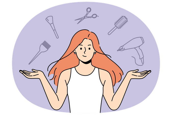 Woman stylist with flying accessories for hairdresser offers to make new hairstyle to change image  Illustration