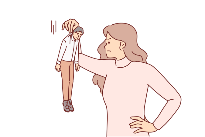 Woman subordinate angrily looks at miniature boss demonstrating insubordination at work  일러스트레이션