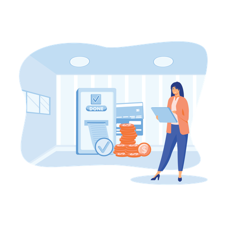 Woman successfully paying shopping bill via online transfer  Illustration