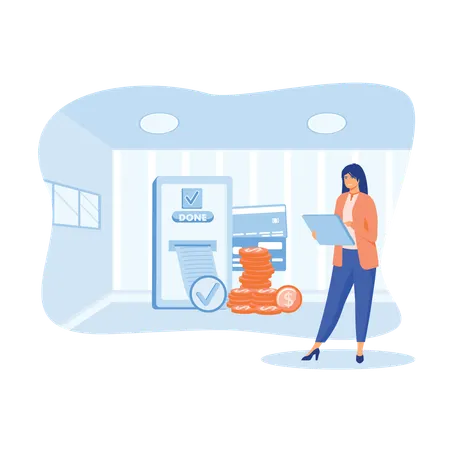 Woman successfully paying shopping bill via online transfer  Illustration