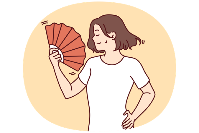 Woman suffer from heat uses hand fan  Illustration