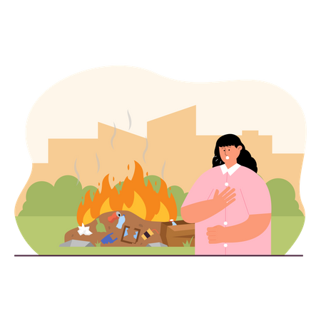 Woman suffering because of burning plastic waste  Illustration