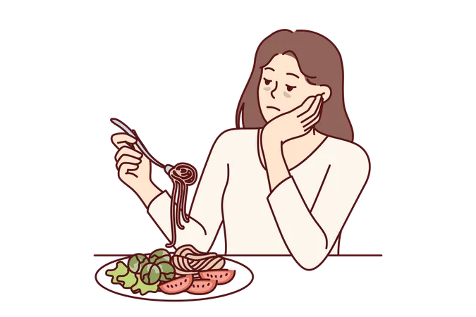 Woman Suffering From Anorexia Is Sad Due To Lack Of Appetite And Sits At Table With Spaghetti And Salad In Plate Skinny Girl With Sickly Appearance Suffers From Anorexia After Wrong Diet Illustration
