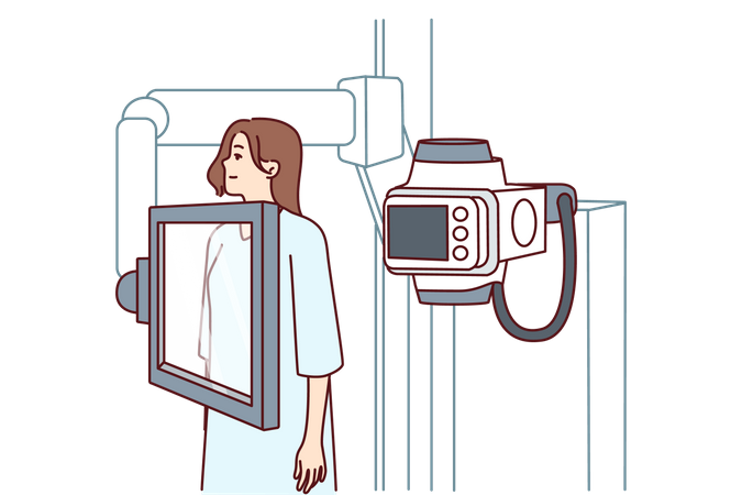 Woman suffering from cancer stands near x-ray machine for diagnosing disease  Illustration