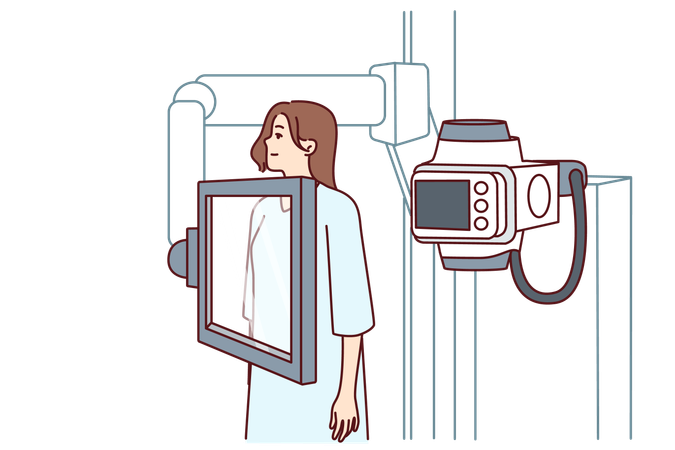 Woman suffering from cancer stands near x-ray machine  Illustration