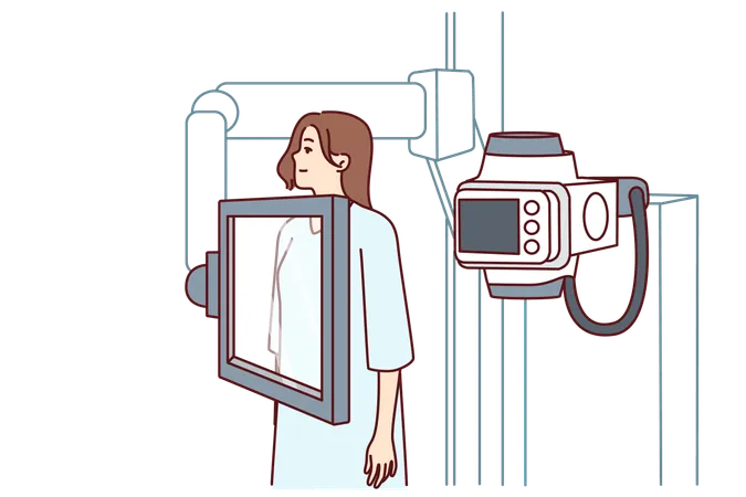 Woman suffering from cancer stands near x-ray machine  Illustration