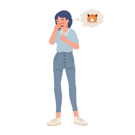 Woman Suffering From Cat Allergy And Coughing And Breath Difficulty  イラスト