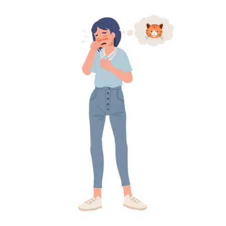 Woman Suffering From Cat Allergy Coughing And Breath Difficulty イラスト