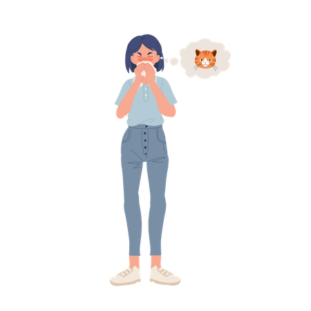 Woman Suffering From Cat Allergy And Coughing And Breath Difficulty  イラスト