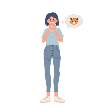 Woman Suffering From Cat Allergy Coughing And Breath Difficulty イラスト