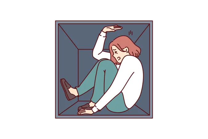 Woman Suffering From Claustrophobia Sits In Cramped Box And Feels Pressure Of Walls As Metaphor For Cramped Housing Girl Experiences Problems Due To Claustrophobia And Fear Of Closed Spaces Illustration