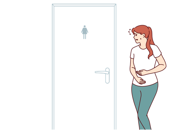 Woman suffering from diarrhea rushes to toilet standing near closed door due to stomach problems  イラスト