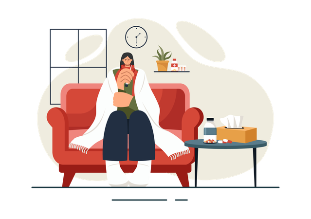 Woman suffering from flu and fever  Illustration