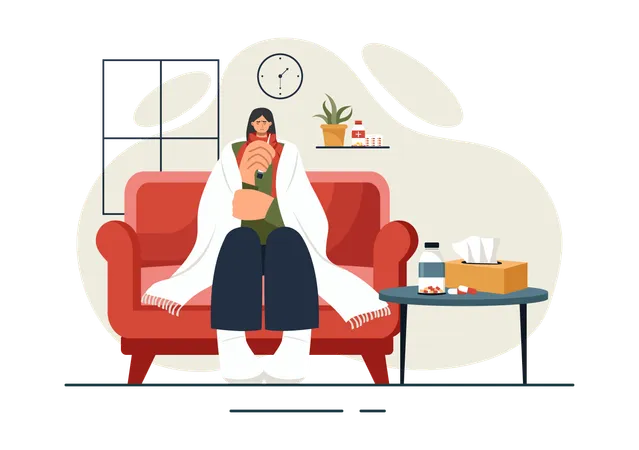 Woman suffering from flu and fever  Illustration