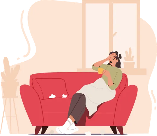 Woman suffering from flu sitting at home and having hot beverage  Illustration