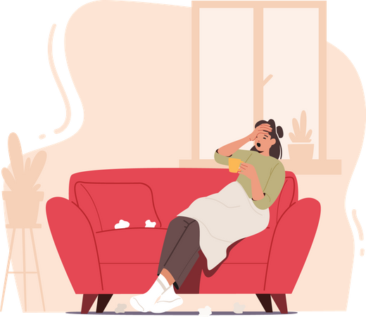 Woman suffering from flu sitting at home and having hot beverage  イラスト