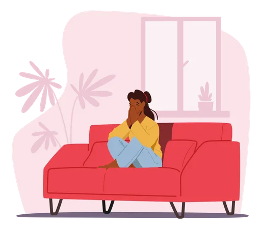 Depression Headache Migraine Abuse Or Home Violence Frustration Concept Young Depressed Upset Female Character Desperate Woman Sitting On Couch Covering Mouth Crying Cartoon Vector Illustration Illustration