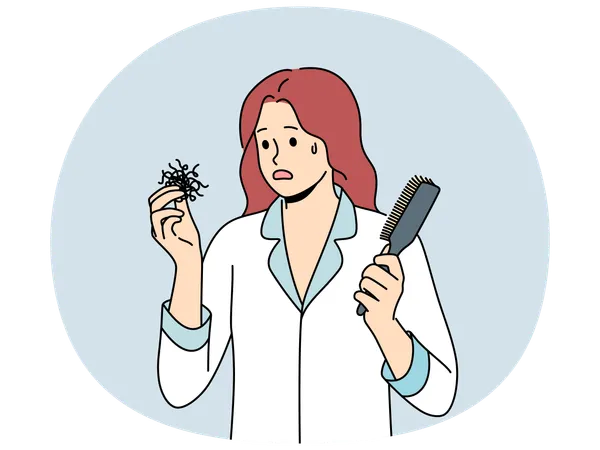 Woman suffering from hair loss problems holds comb and feels confused and needs help doctor  Illustration