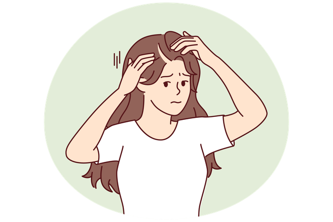Woman suffering from hair loss touching head looking at scar through mirror  Illustration