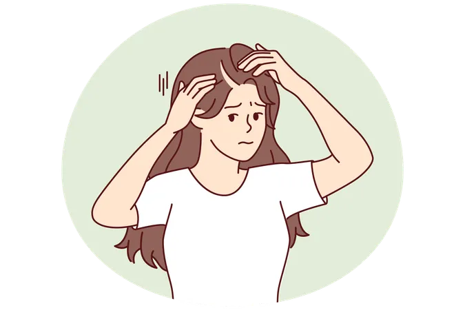 Woman suffering from hair loss touching head looking at scar through mirror  Illustration