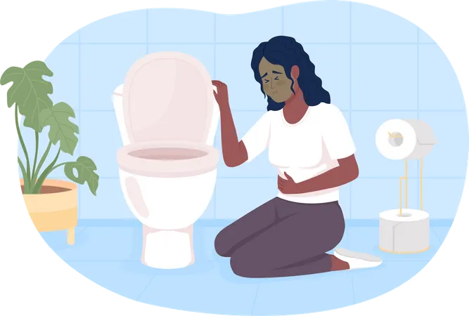Woman suffering from nausea in bathroom Illustration