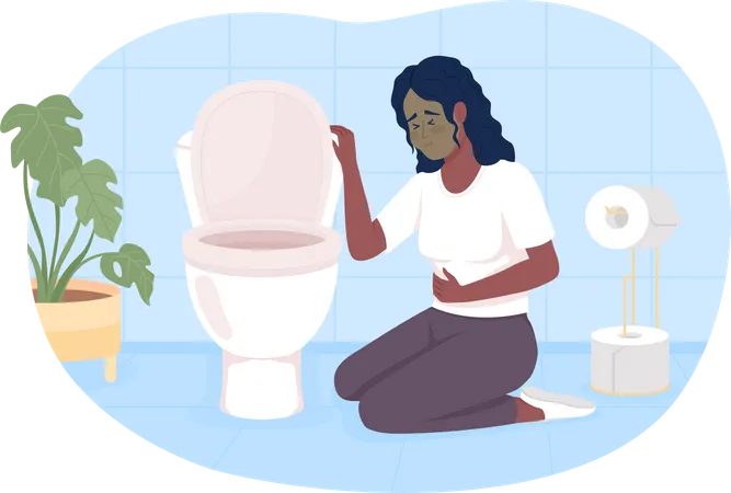 Woman suffering from nausea in bathroom  Illustration