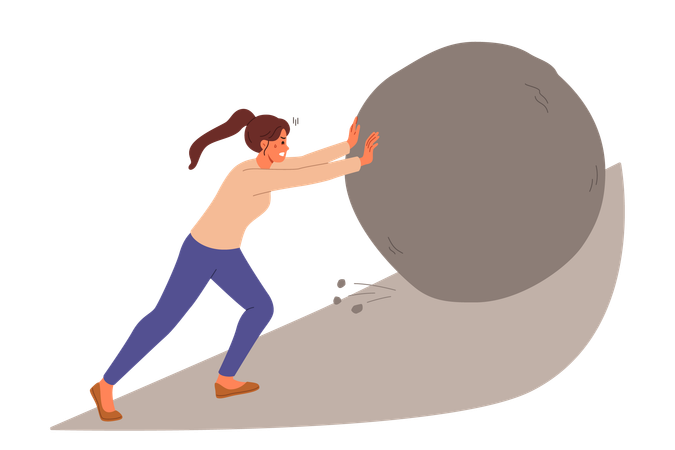 Woman suffering from overload pushing large stone uphil  Illustration