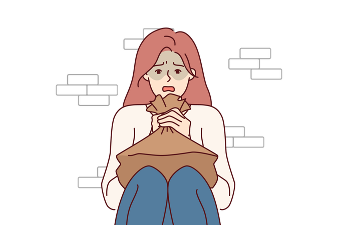 Woman suffering from panic attack holds paper bag for hyperventilation sitting on floor near wall  Illustration