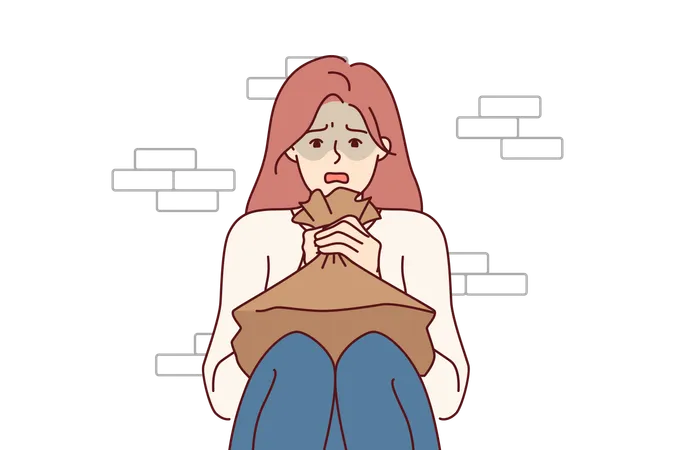 Woman Suffering From Panic Attack Holds Paper Bag For Hyperventilation And Restoration Of Normal Psychological State Girl Sitting On Floor Near Brick Wall And Experiencing Stress Due To Panic Attack Illustration