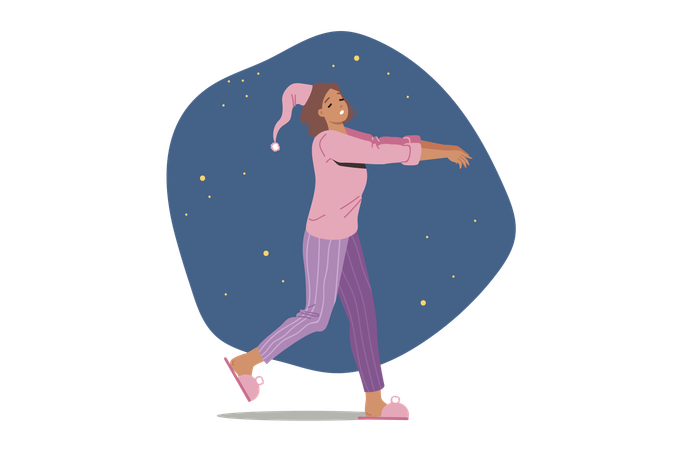 Woman suffering from sleepwalking walks  Illustration