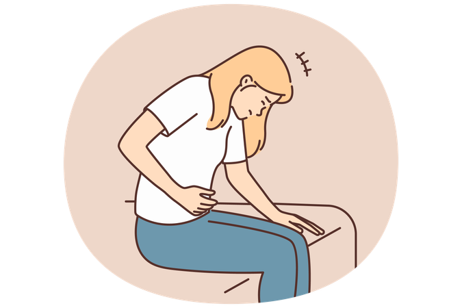 食中毒でベッドに座り腹痛に苦しむ女性、薬が必要  イラスト