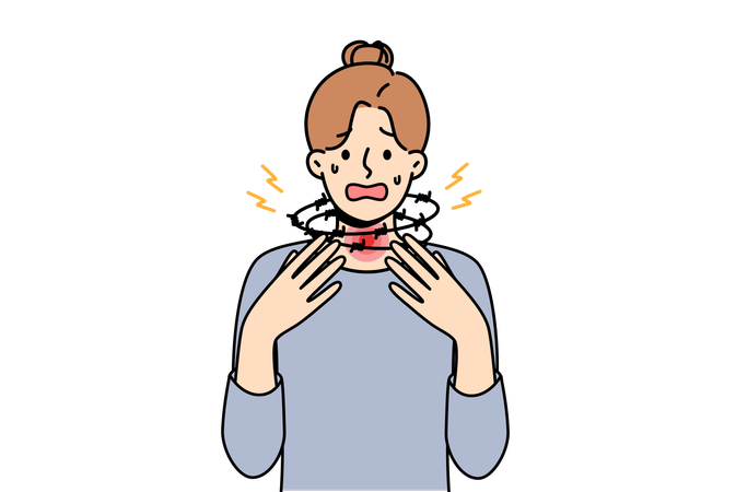 Woman suffering from suffocation and asthma screams and standing with barbed wire around neck  Illustration