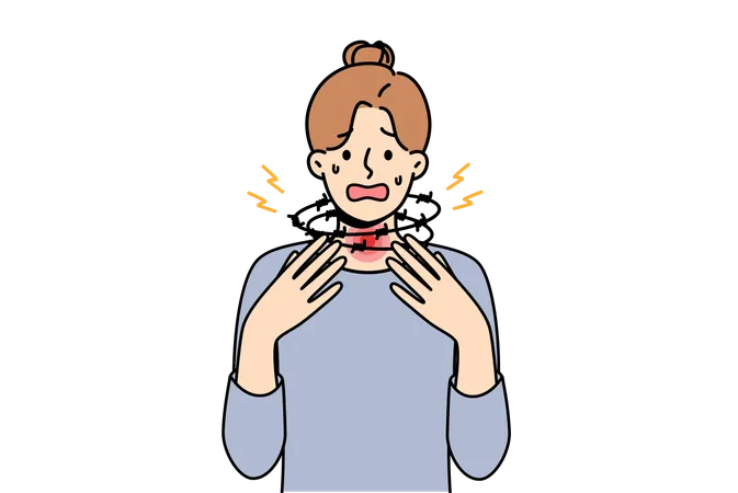 Woman suffering from suffocation and asthma screams and standing with barbed wire around neck  Illustration