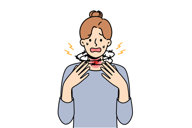 Woman suffering from suffocation and asthma screams and standing with barbed wire around neck Illustration