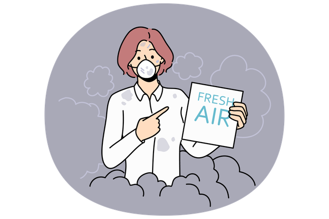 Woman suffers from air pollution and shows paper with fresh air stands in protective mask  Illustration