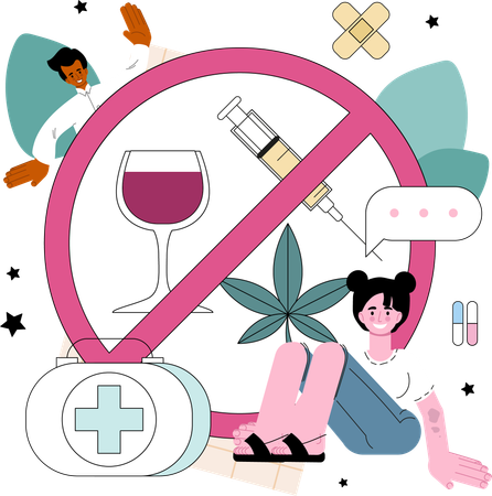 Woman suffers from alcohol addiction  Illustration