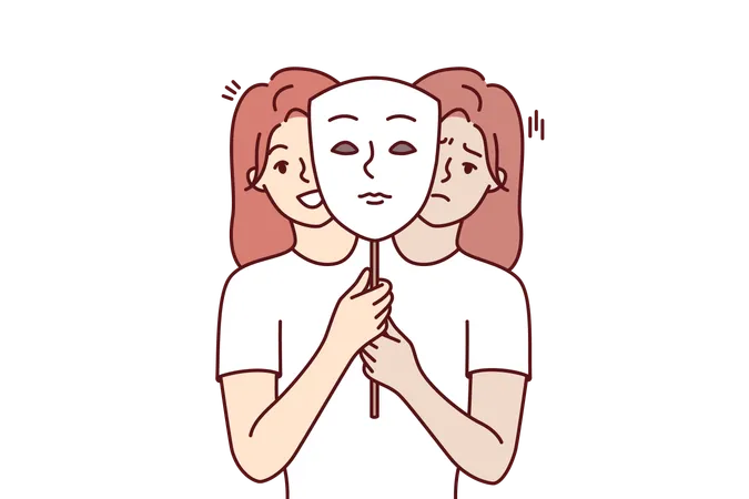 Woman Suffers From Bipolar Disorder And Problems Due To Sharp Change In Bad And Good Mood And Holds Mask Girl With Bipolar Disorder Is Looking For Help From Psychologist To Deal With Frustration Illustration