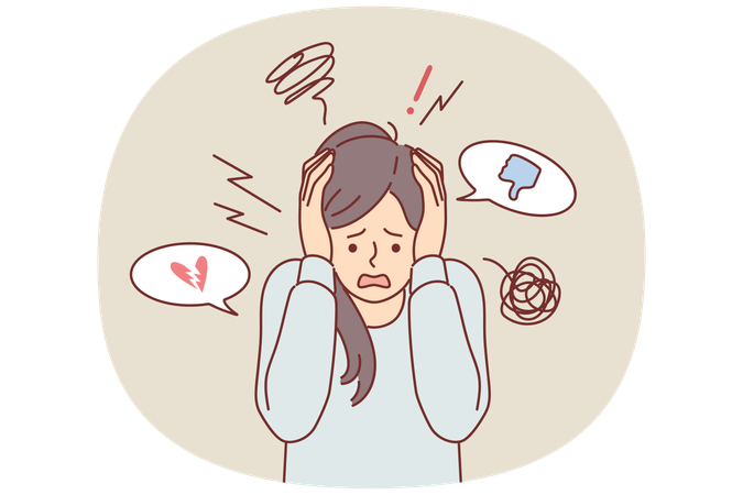 Woman suffers from digital addiction or cyberbullying and screams clutching head  Illustration