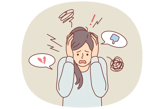 Woman suffers from digital addiction or cyberbullying and screams clutching head  Illustration