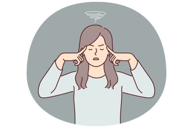 Woman suffers from dizziness and migraine caused by regular stress or lack of rest from work  Illustration