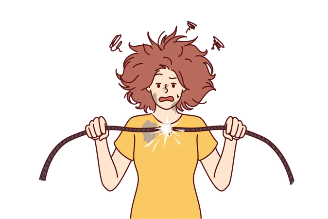 Woman With Damaged Electrical Wire Suffers From Electric Shock And Power Failure Funny Girl With Disheveled Hair Was Shocked After Feeling Shock From Electricity And Trying To Fix Wiring Illustration