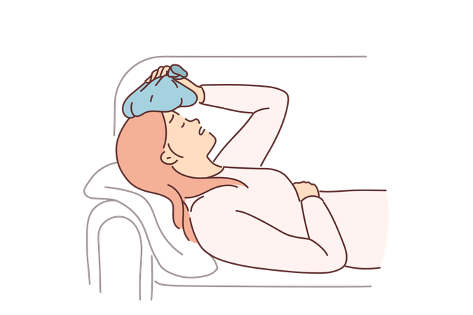 Woman suffers from hangover and puts ice pack on head to get rid of headache after alcohol party  Illustration