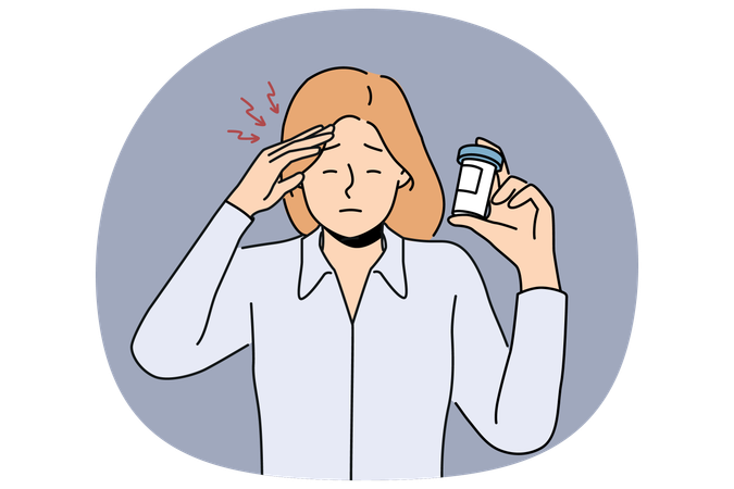 Woman suffers from headache and demonstrates package of medicines to cope with migraine  Illustration