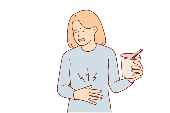 Woman Suffers From Heartburn And Puts Hand On Stomach Holding Glass Of Ice Cream Or Instant Soup Girl Developed Heartburn After Eating Expired Food Or Violating Diet Recommended By Nutritionist イラスト