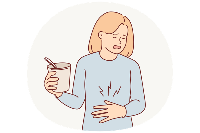 Woman suffers from heartburn and puts hand on stomach  Illustration