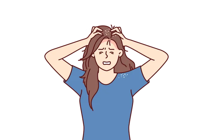 Woman suffers from itchy head after fungal infection and dandruff associated with bad hair shampoo  Illustration