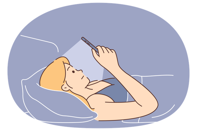 Woman suffers from mobile phone addiction using gadget lying in bed and refusing to sleep  Illustration
